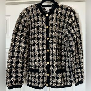 Emma Camuso Black Cream Wool Bouclé houndstooth Cardigan Jacket Size XL